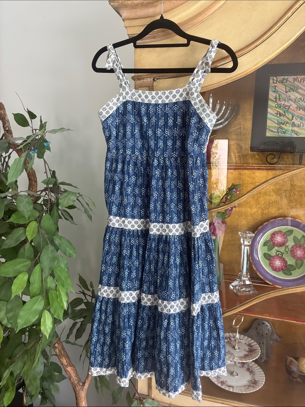 Zara Boho Peasant Spaghetti Strap Smocked Dress Navy/white Size 13 jr ot Petite - Picture 2 of 8